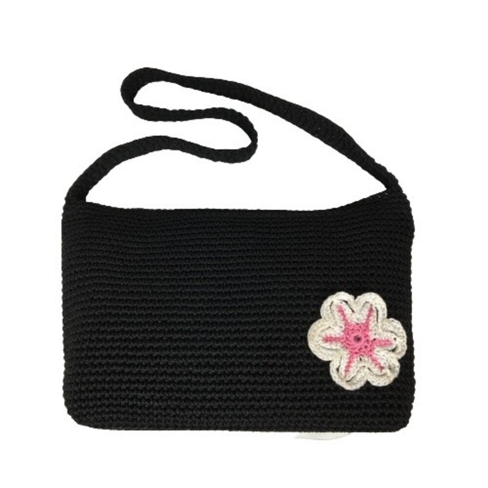 The Sak Black Crocheted Shoulder Bag w/White & Pink Flower Accent Boho Retro